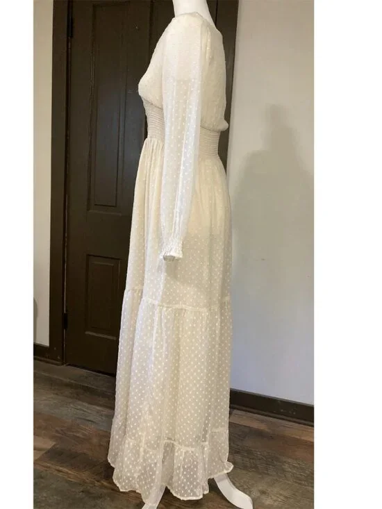Patrons of Peace Cream Polka Dot Long Sleeve Tiered Cottagecore Maxi Dress - Picture 3 of 13